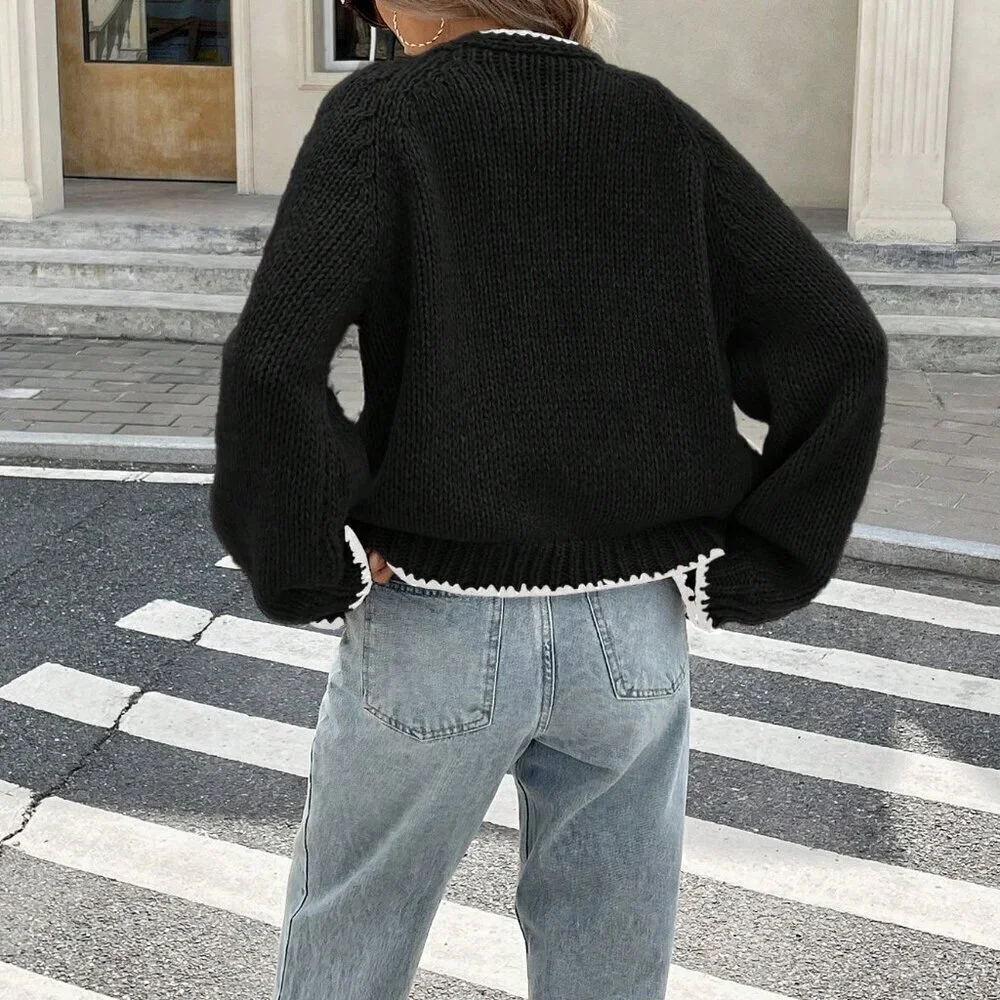Black Casual Women's Color Block Drawstring Knitted Sweater Cardigan